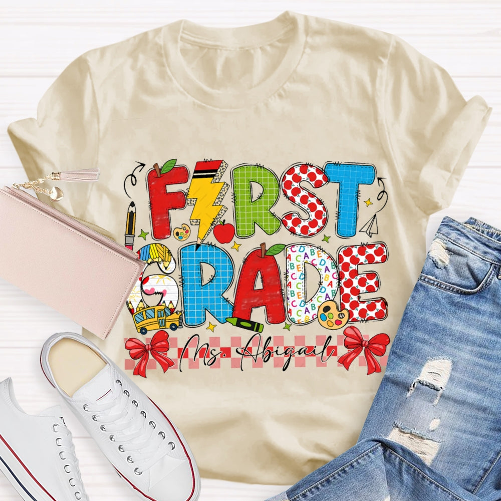 Personalized Name And Grade Red Bow Ribbon Teacher T-shirt