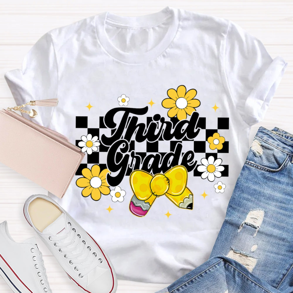 Personalized Grade Yellow Bow And Small Flowers Teacher T-shirt