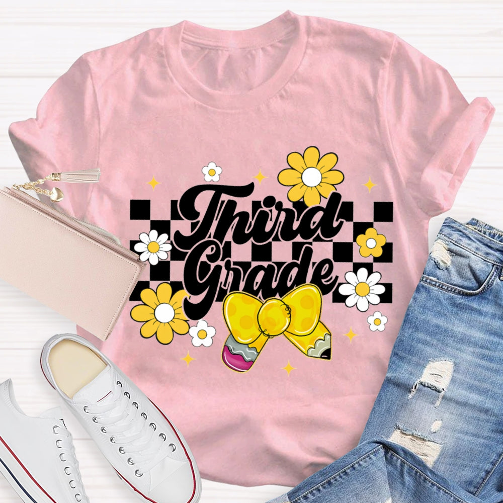 Personalized Grade Yellow Bow And Small Flowers Teacher T-shirt