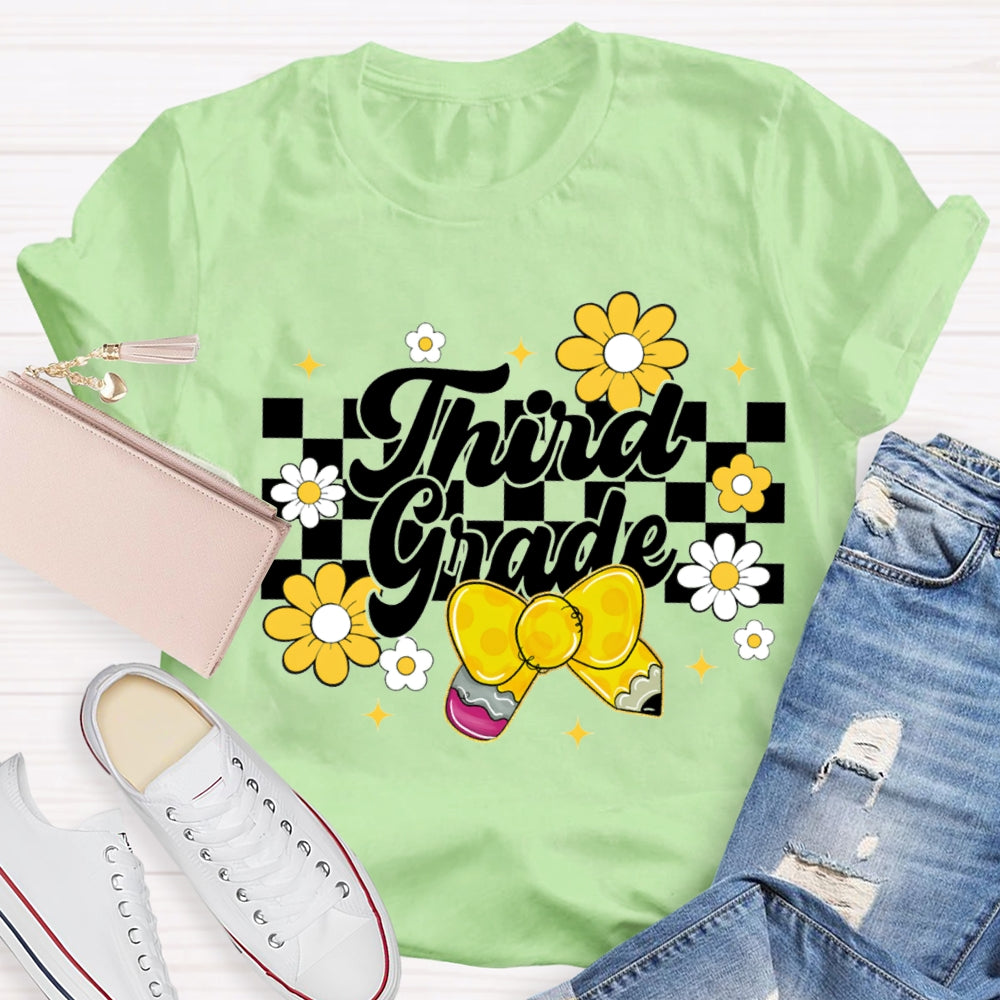 Personalized Grade Yellow Bow And Small Flowers Teacher T-shirt