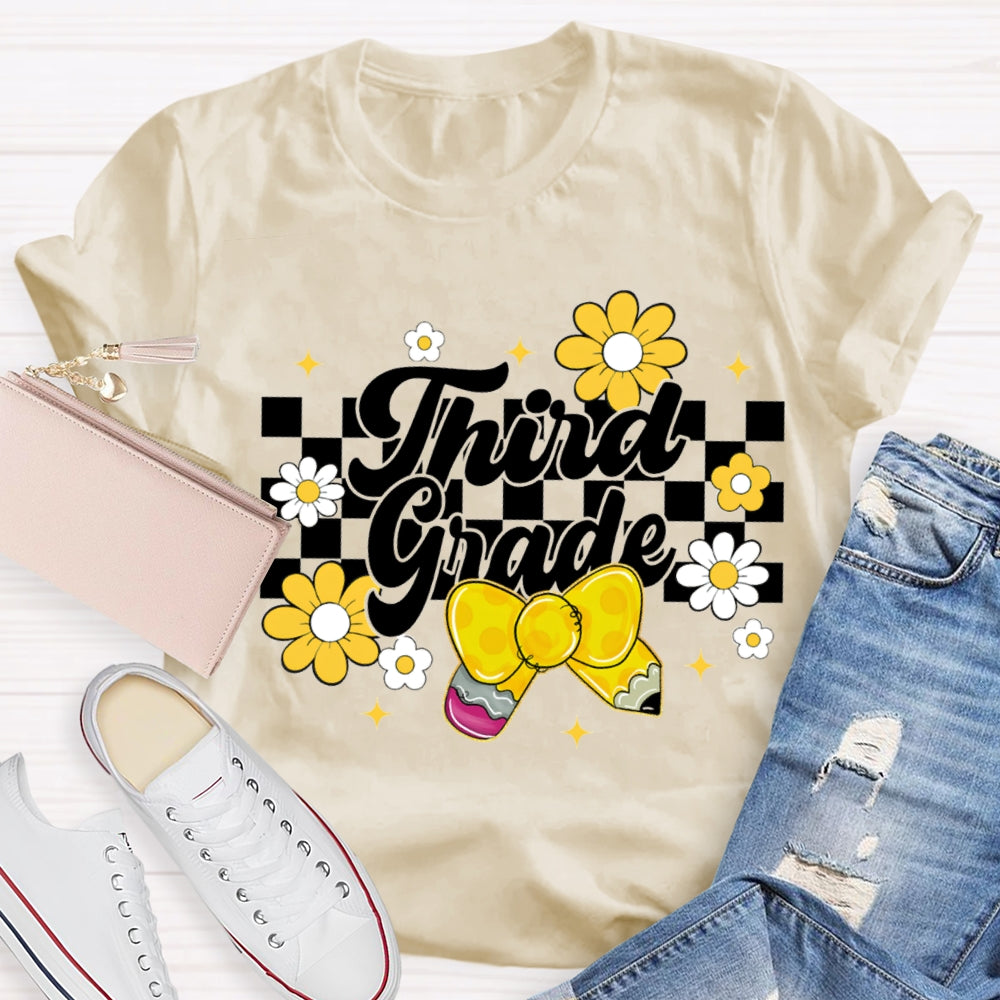 Personalized Grade Yellow Bow And Small Flowers Teacher T-shirt