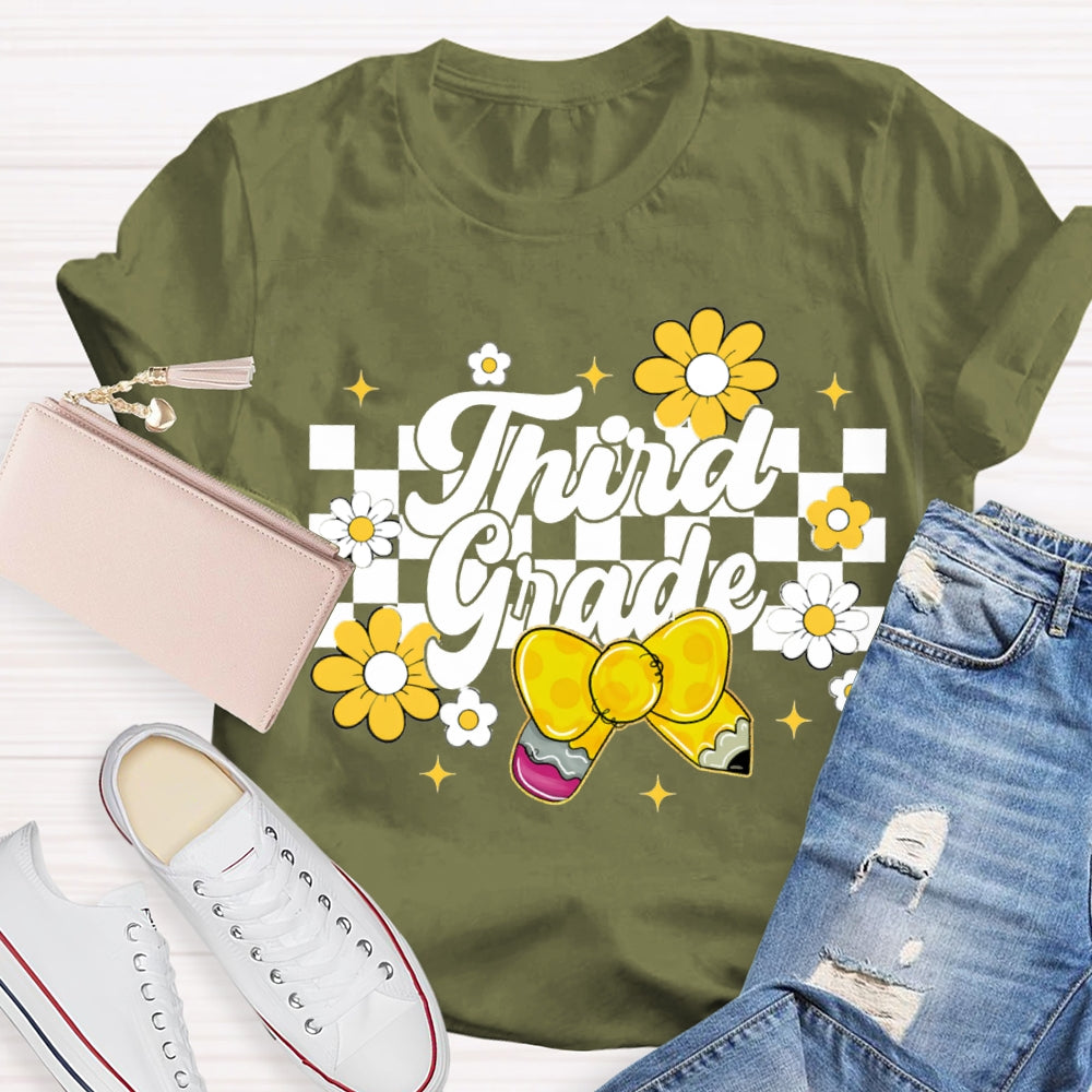 Personalized Grade Yellow Bow And Small Flowers Teacher T-shirt