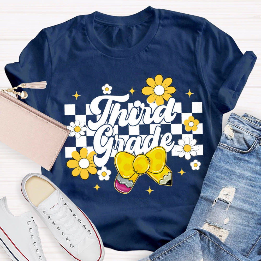 Personalized Grade Yellow Bow And Small Flowers Teacher T-shirt