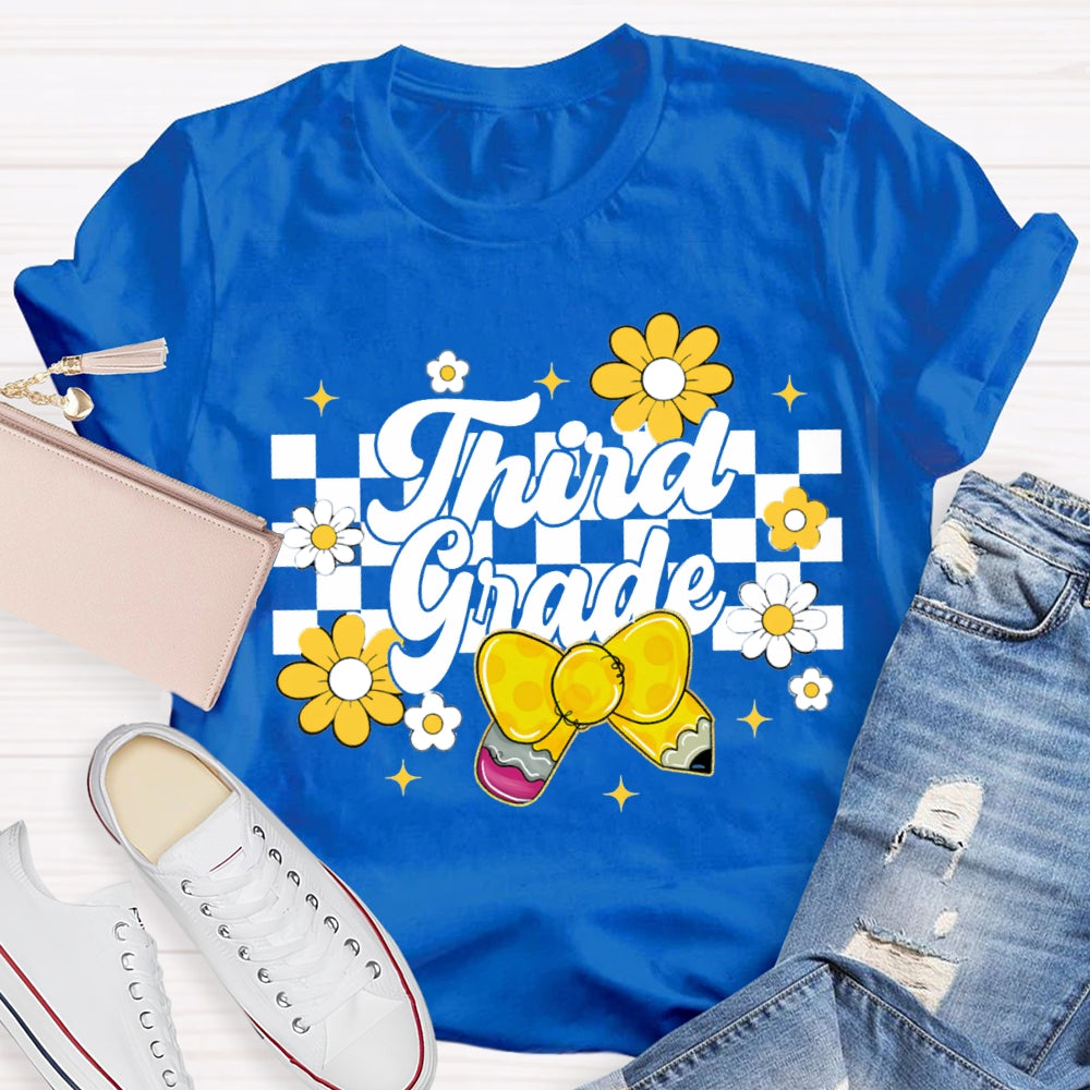 Personalized Grade Yellow Bow And Small Flowers Teacher T-shirt