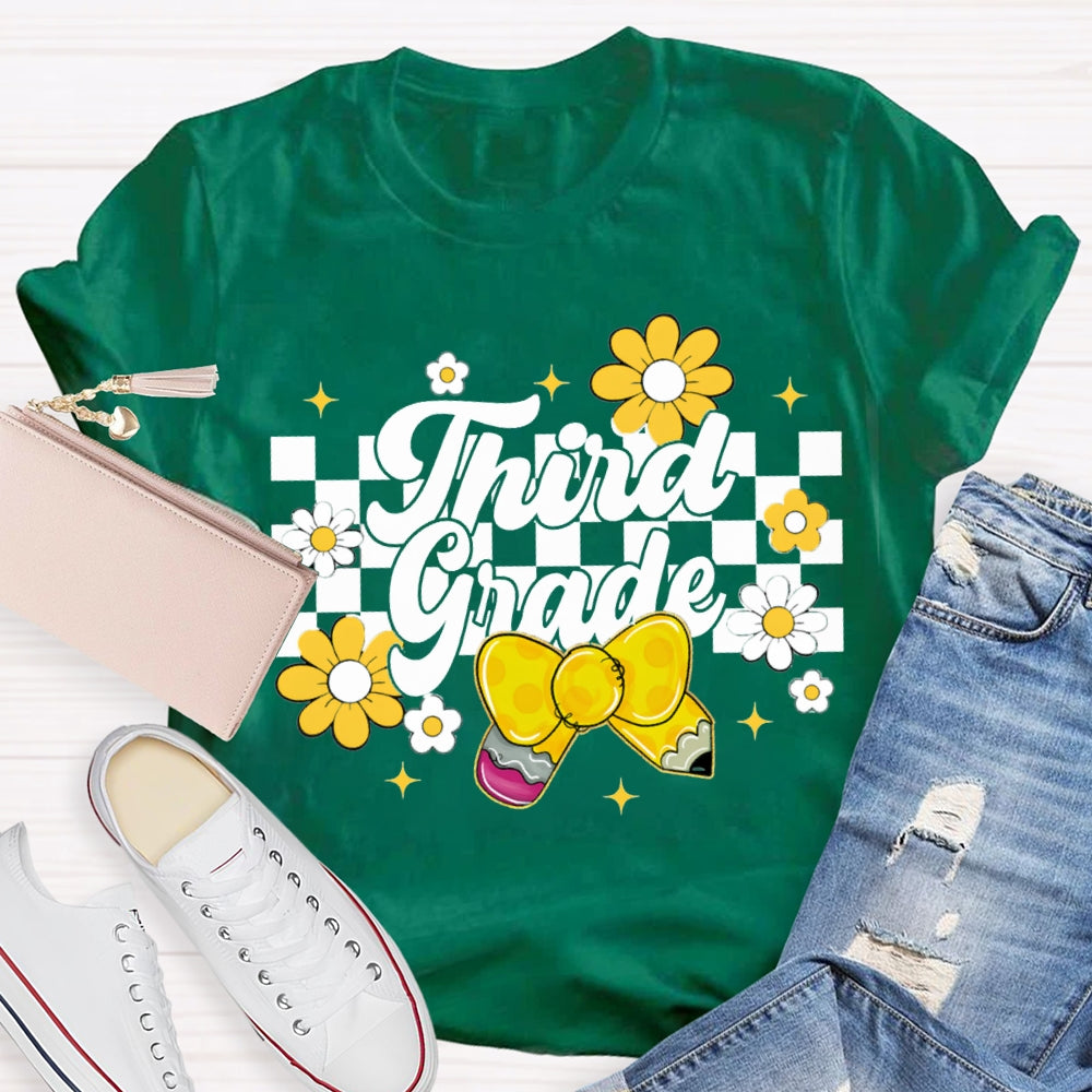 Personalized Grade Yellow Bow And Small Flowers Teacher T-shirt