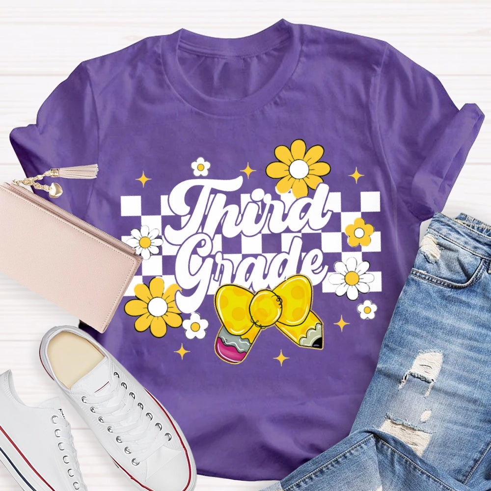 Personalized Grade Yellow Bow And Small Flowers Teacher T-shirt