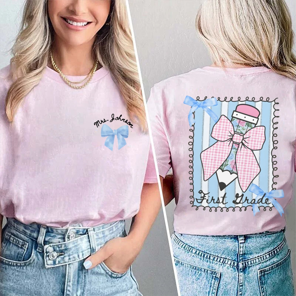 Personalized Grade And Name Pink Pencil Double Printed T-shirt