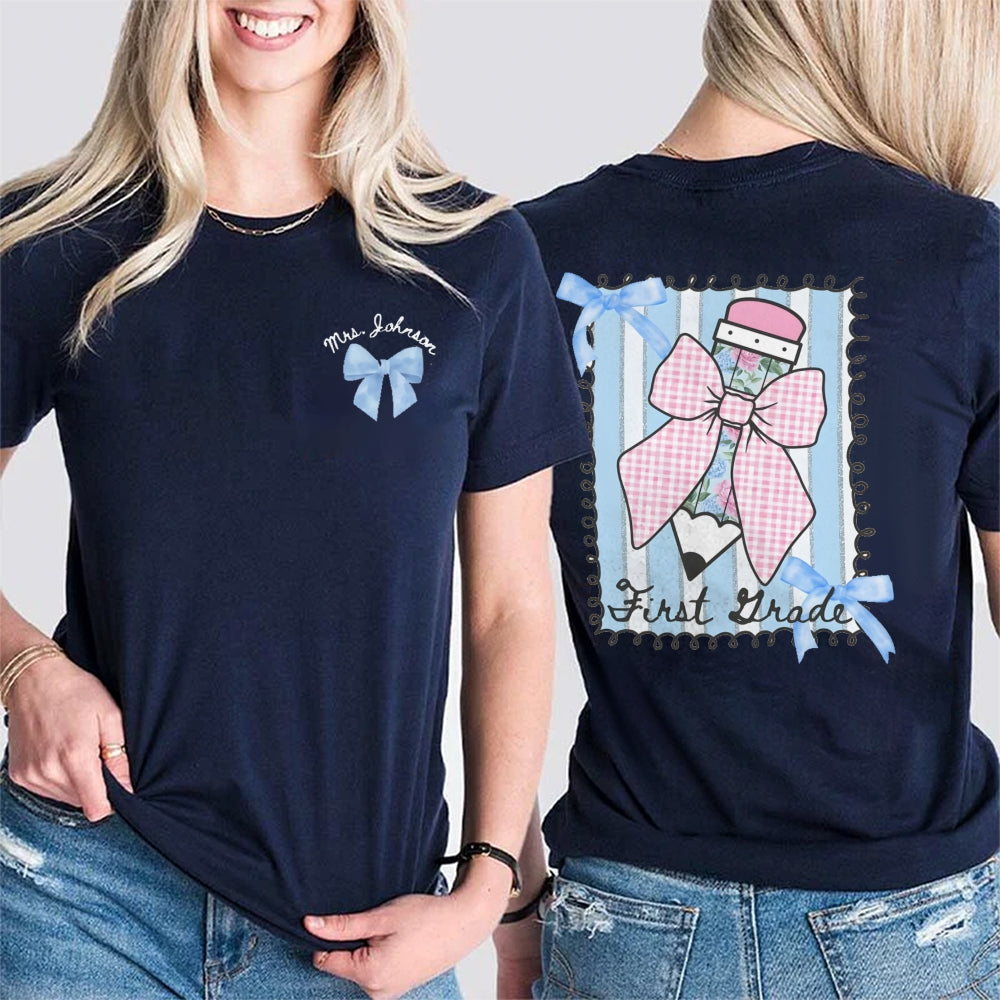 Personalized Grade And Name Pink Pencil Double Printed T-shirt