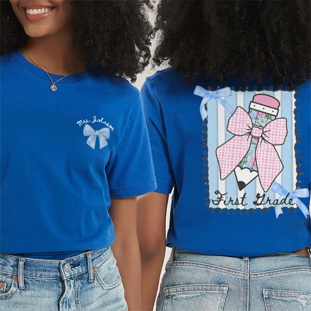 Personalized Grade And Name Pink Pencil Double Printed T-shirt