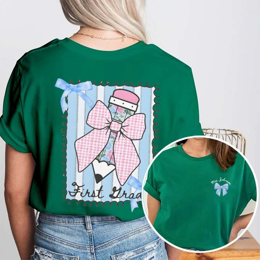 Personalized Grade And Name Pink Pencil Double Printed T-shirt