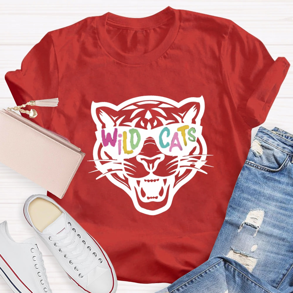 Personalized Mascot Colorful Letter Sunglasses Wildcats Mascot School Spirit T-Shirt