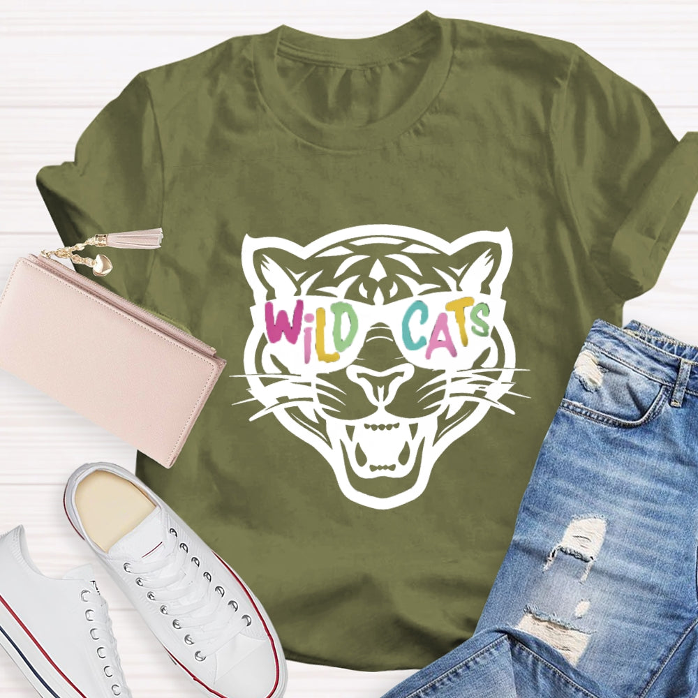 Personalized Mascot Colorful Letter Sunglasses Wildcats Mascot School Spirit T-Shirt