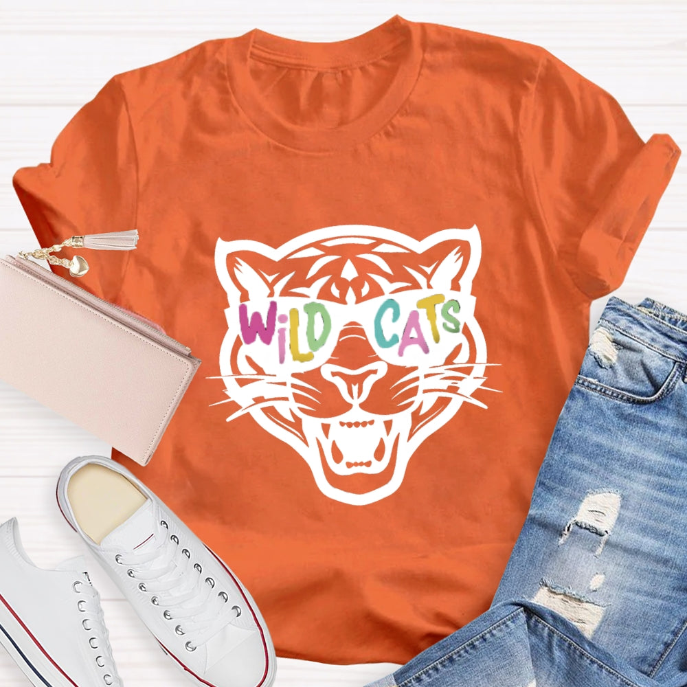 Personalized Mascot Colorful Letter Sunglasses Wildcats Mascot School Spirit T-Shirt