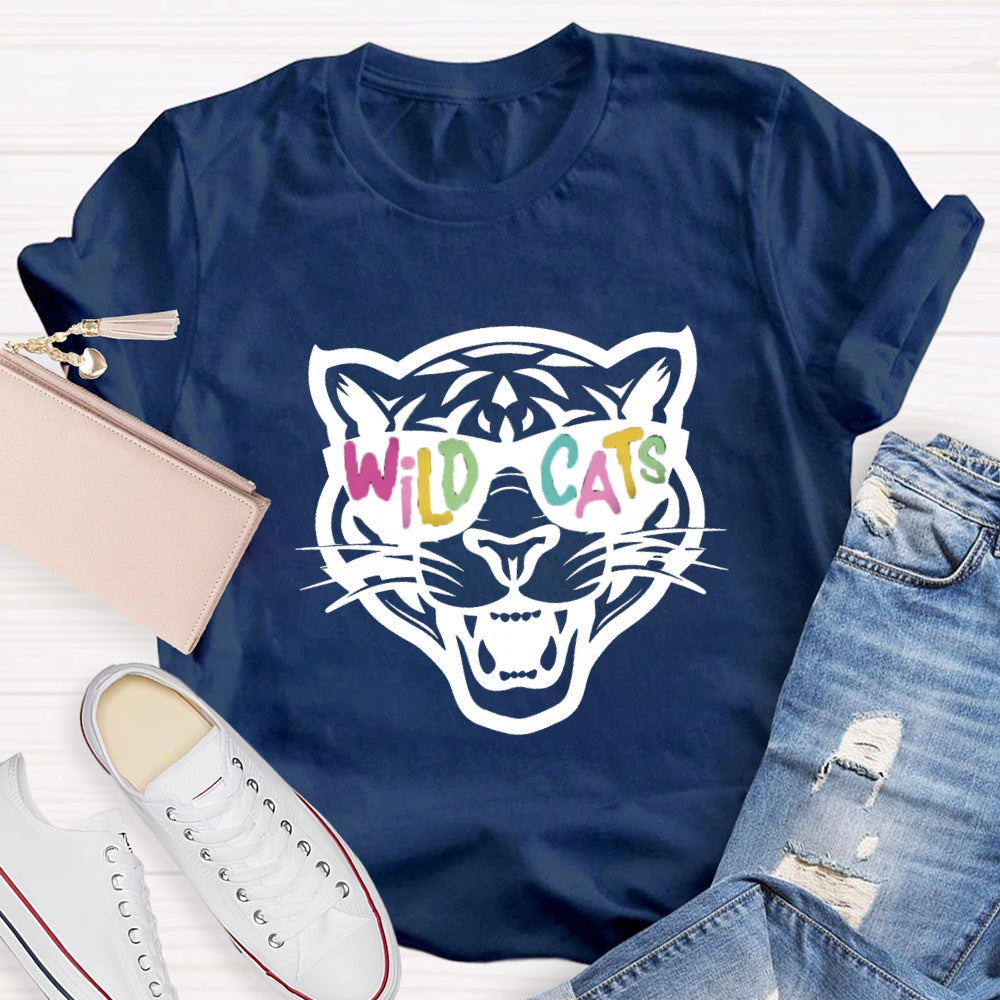 Personalized Mascot Colorful Letter Sunglasses Wildcats Mascot School Spirit T-Shirt