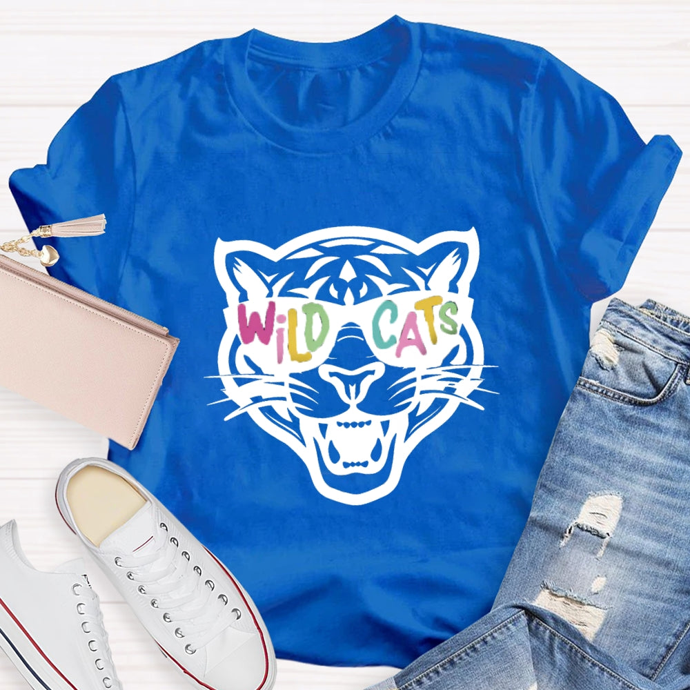 Personalized Mascot Colorful Letter Sunglasses Wildcats Mascot School Spirit T-Shirt