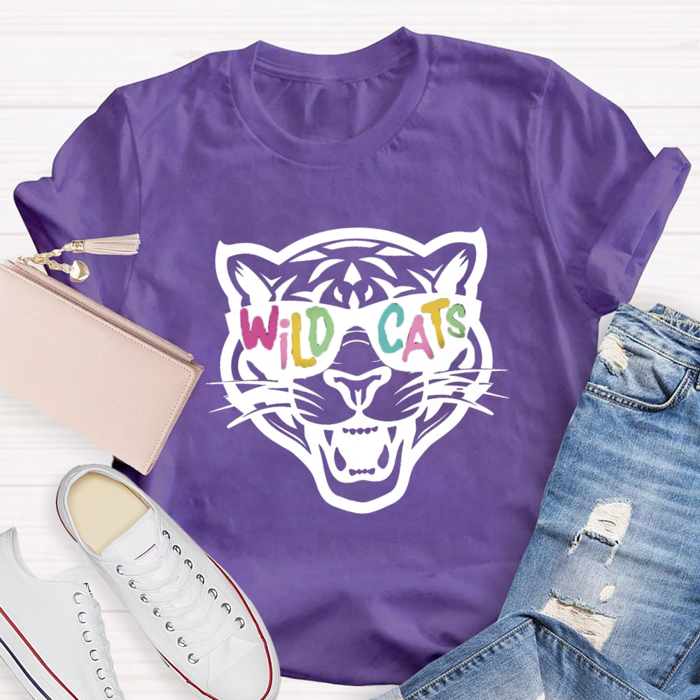 Personalized Mascot Colorful Letter Sunglasses Wildcats Mascot School Spirit T-Shirt