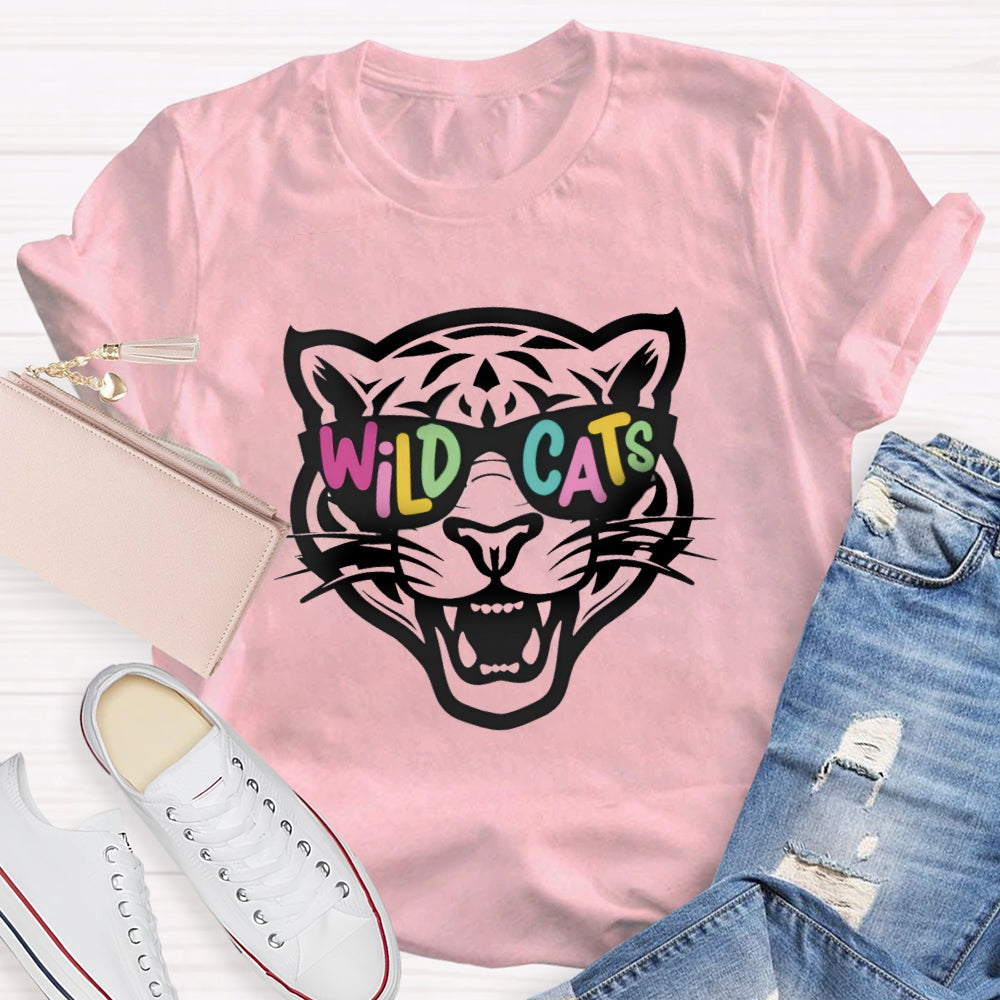 Personalized Mascot Colorful Letter Sunglasses Wildcats Mascot School Spirit T-Shirt