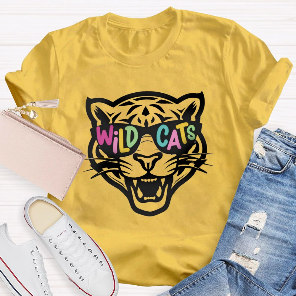 Personalized Mascot Colorful Letter Sunglasses Wildcats Mascot School Spirit T-Shirt