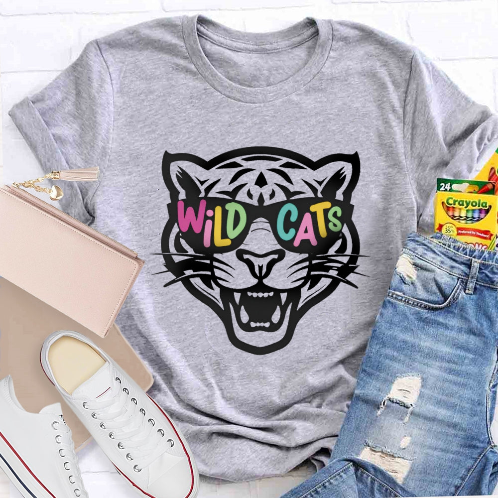 Personalized Mascot Colorful Letter Sunglasses Wildcats Mascot School Spirit T-Shirt