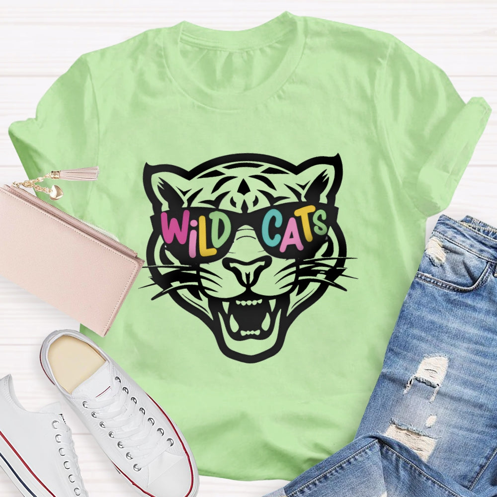 Personalized Mascot Colorful Letter Sunglasses Wildcats Mascot School Spirit T-Shirt