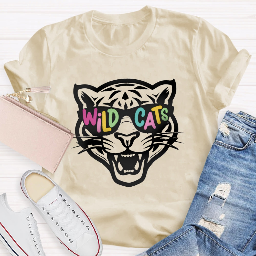 Personalized Mascot Colorful Letter Sunglasses Wildcats Mascot School Spirit T-Shirt