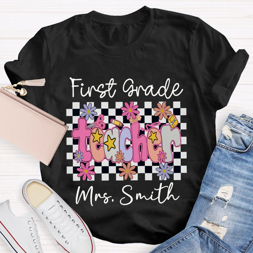 Personalized Name And Grade First Grade Stars And Flowers Teacher T-shirt