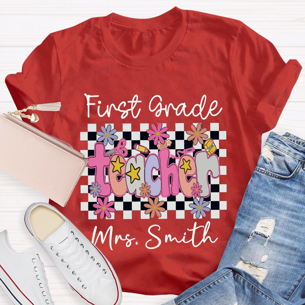 Personalized Name And Grade First Grade Stars And Flowers Teacher T-shirt