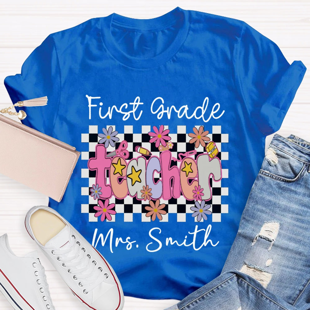 Personalized Name And Grade First Grade Stars And Flowers Teacher T-shirt