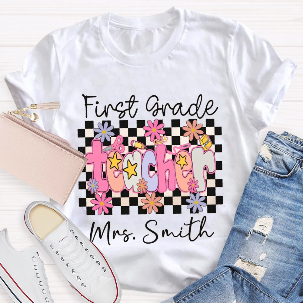 Personalized Name And Grade First Grade Stars And Flowers Teacher T-shirt