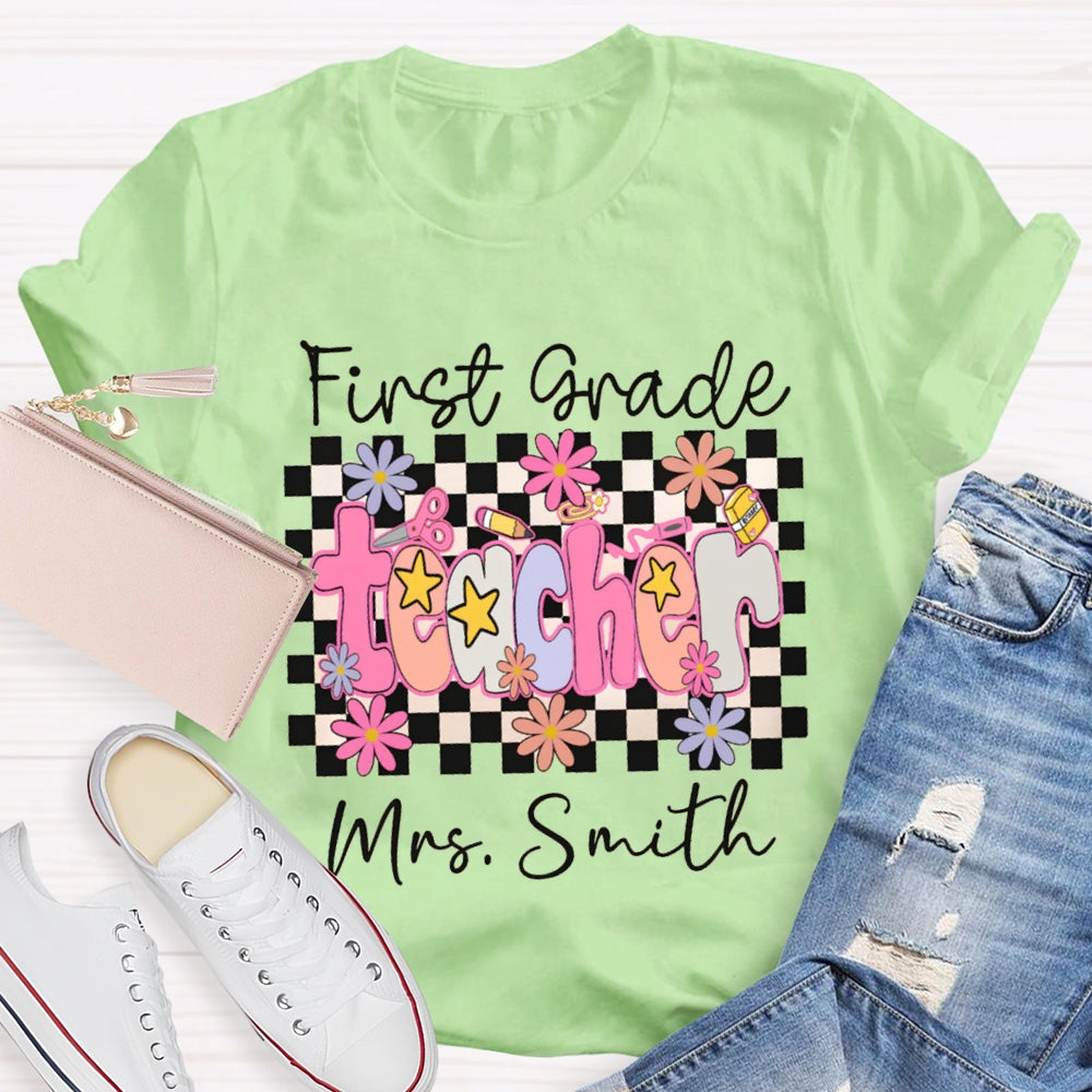 Personalized Name And Grade First Grade Stars And Flowers Teacher T-shirt