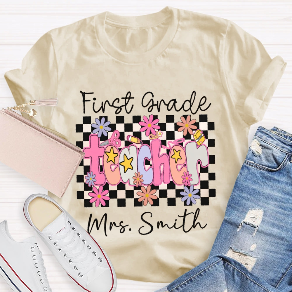 Personalized Name And Grade First Grade Stars And Flowers Teacher T-shirt