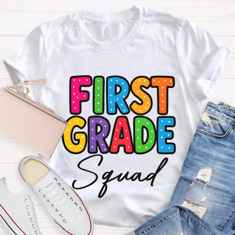 Personalized Grade First Grade Squad Polka Dot Print Teacher T-shirt