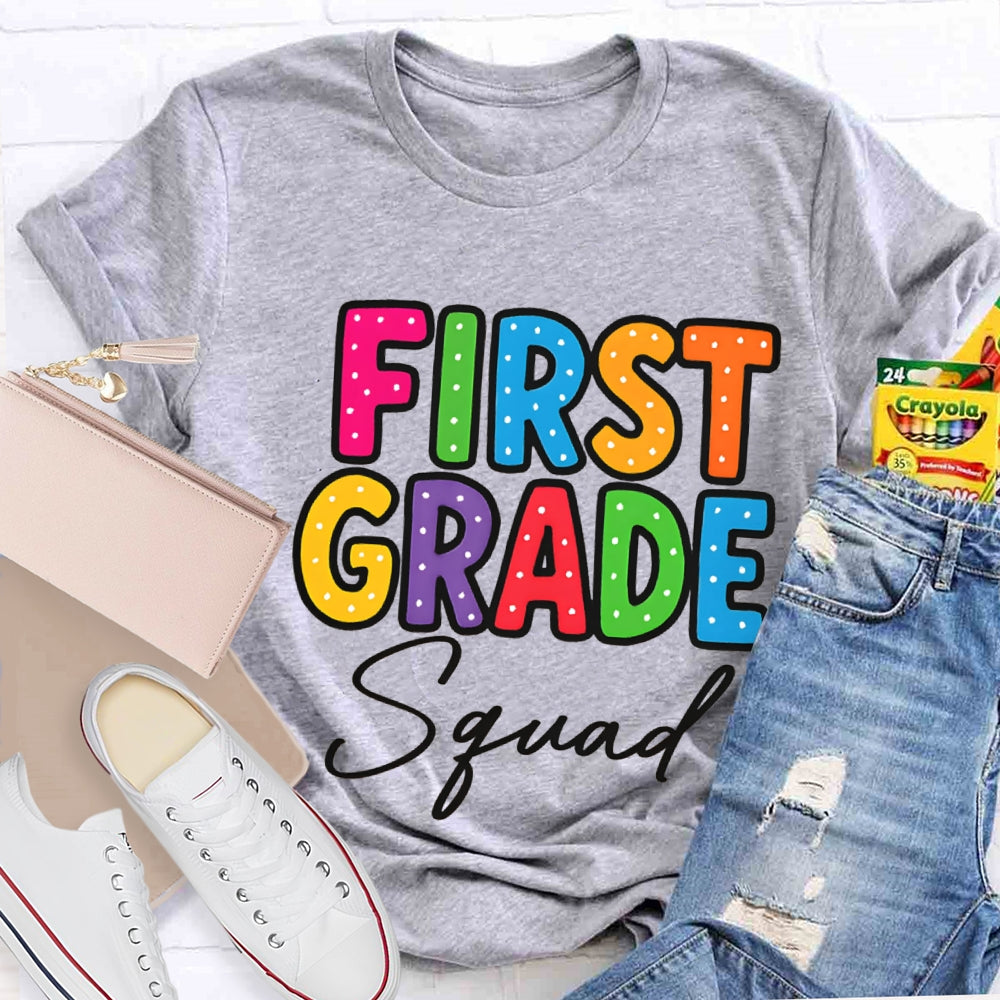 Personalized Grade First Grade Squad Polka Dot Print Teacher T-shirt