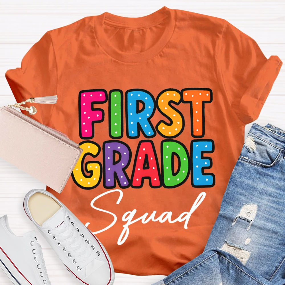 Personalized Grade First Grade Squad Polka Dot Print Teacher T-shirt