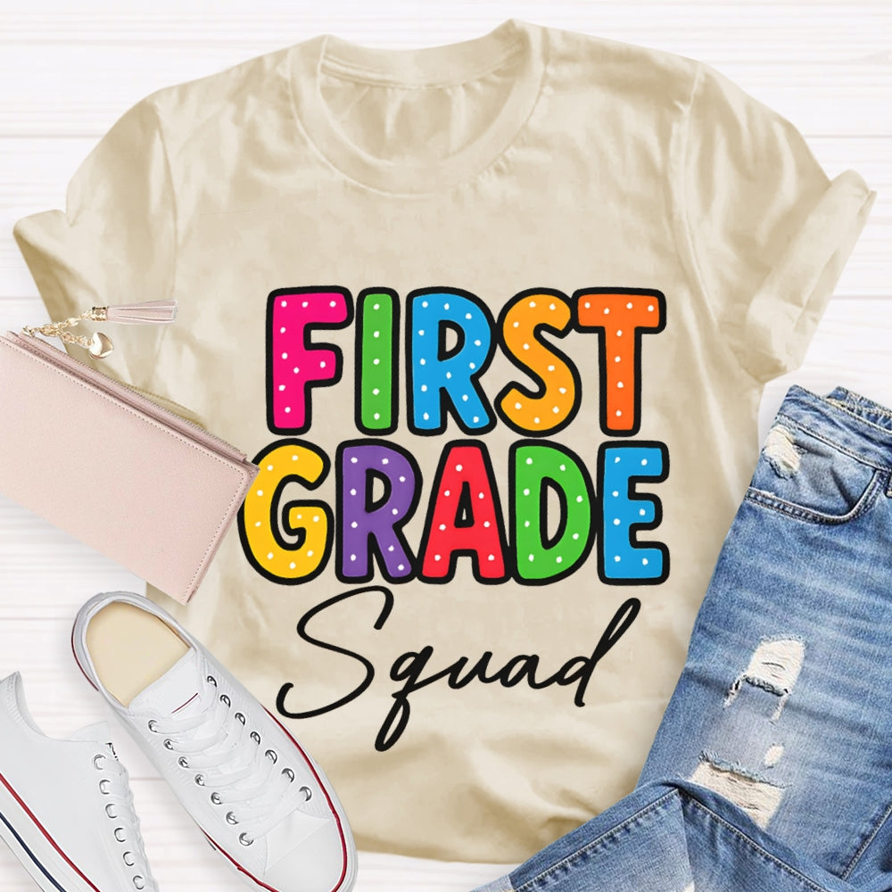Personalized Grade First Grade Squad Polka Dot Print Teacher T-shirt