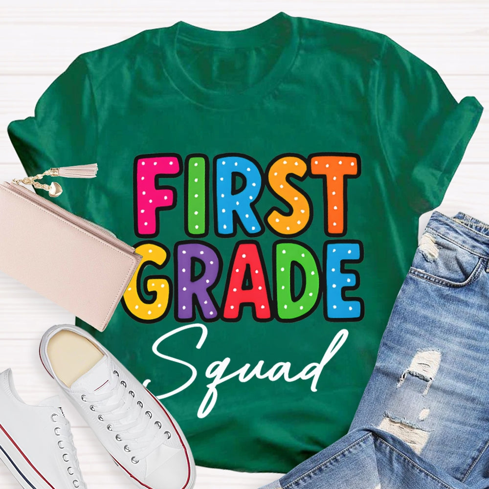 Personalized Grade First Grade Squad Polka Dot Print Teacher T-shirt
