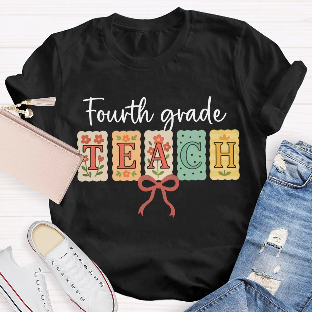 Personalized Grade Fourth Grade Teach Pink Bow T-shirt