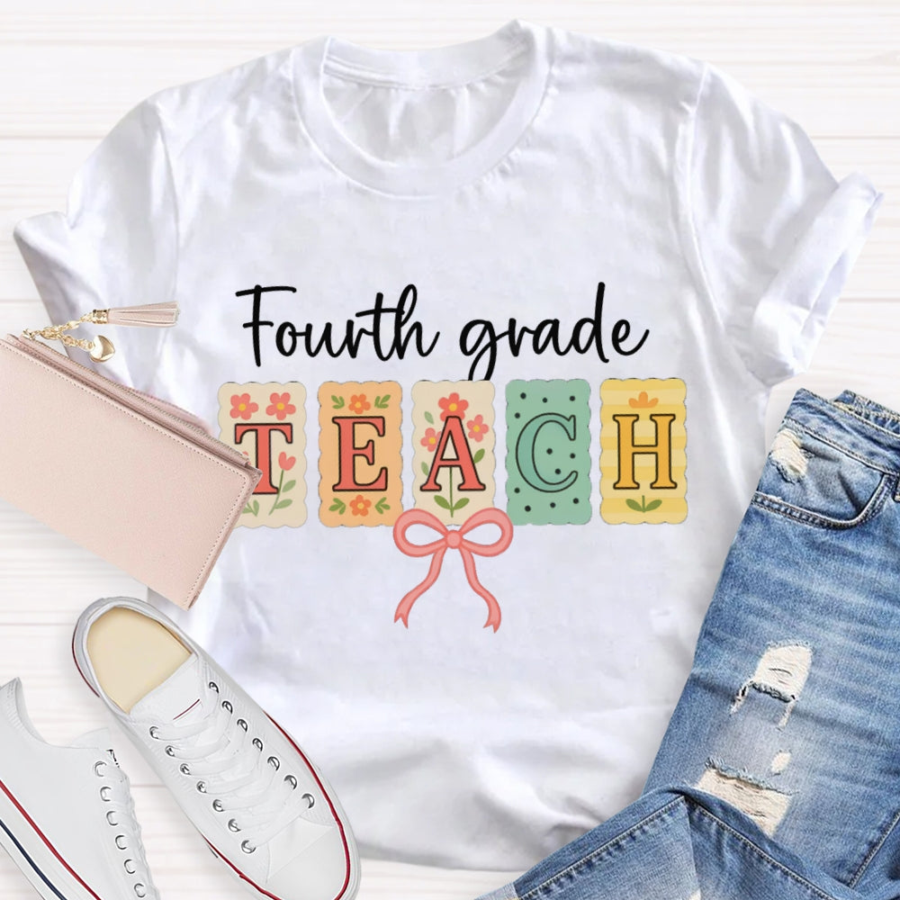 Personalized Grade Fourth Grade Teach Pink Bow T-shirt