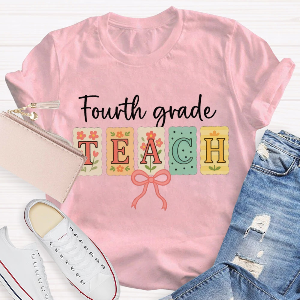 Personalized Grade Fourth Grade Teach Pink Bow T-shirt