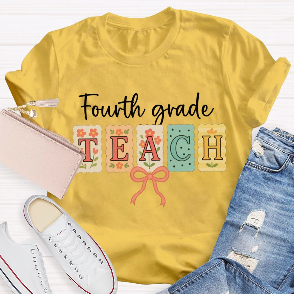Personalized Grade Fourth Grade Teach Pink Bow T-shirt
