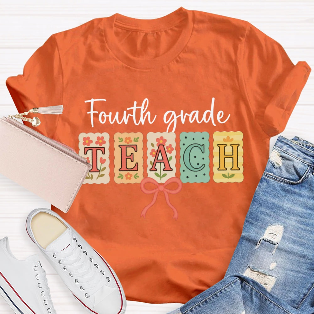 Personalized Grade Fourth Grade Teach Pink Bow T-shirt