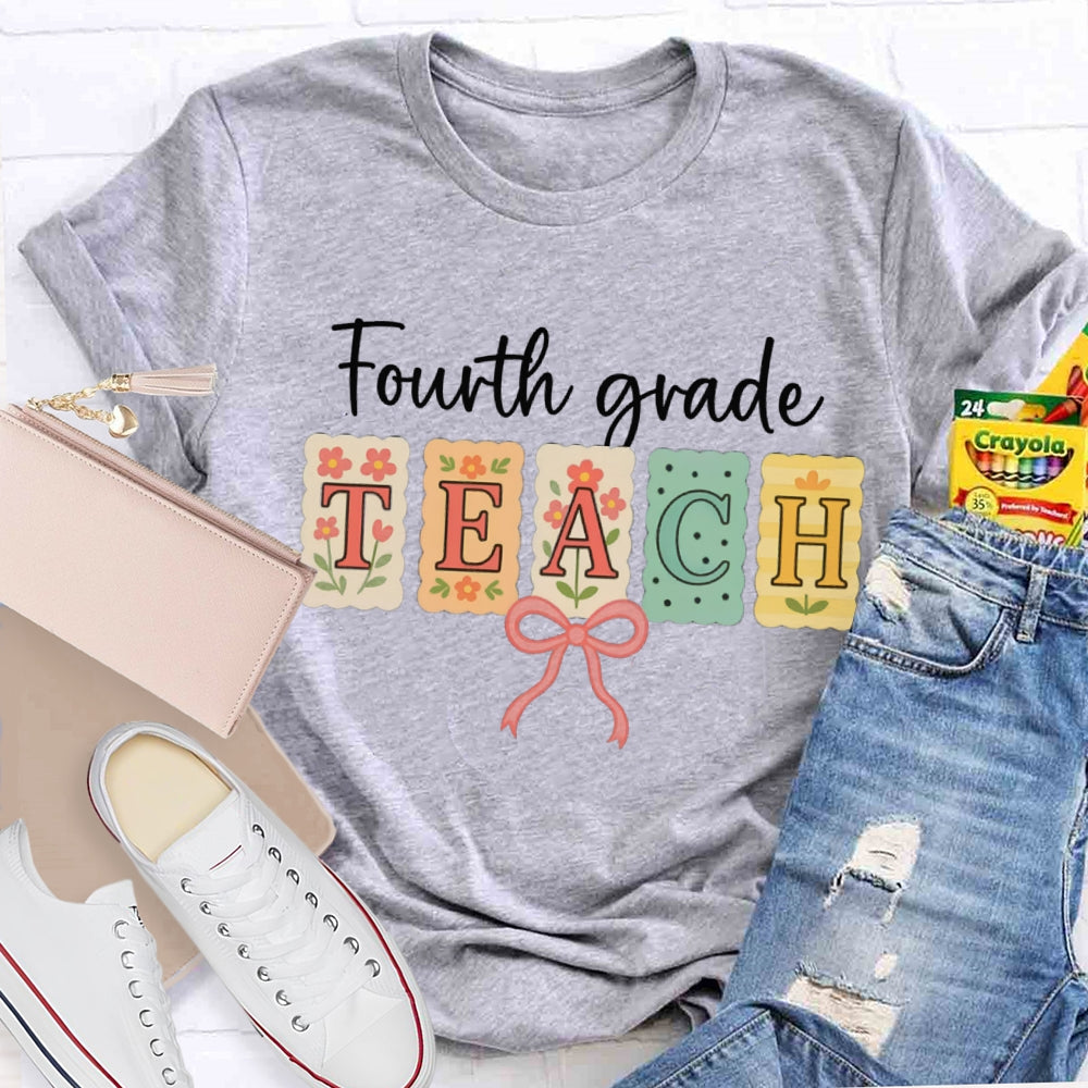 Personalized Grade Fourth Grade Teach Pink Bow T-shirt