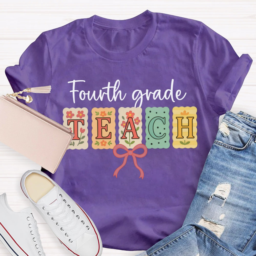 Personalized Grade Fourth Grade Teach Pink Bow T-shirt