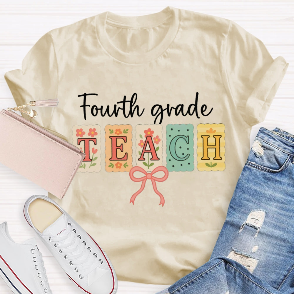 Personalized Grade Fourth Grade Teach Pink Bow T-shirt