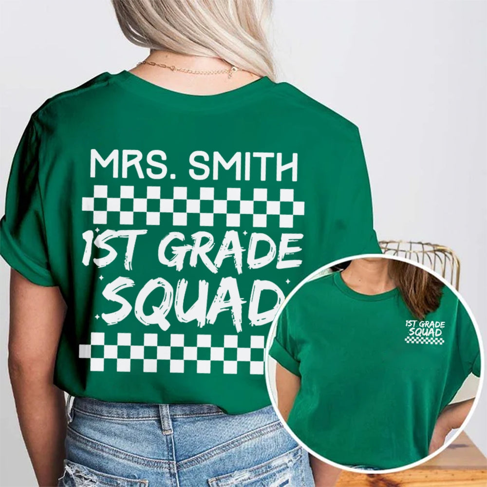 Personalized Name And Grade First Grade Squad Teacher Double Printed T-shirt