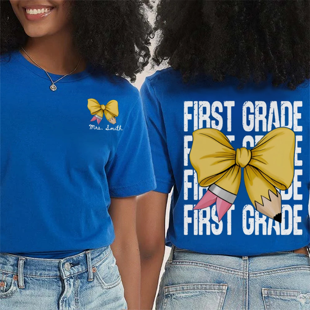 Personalized Grade First Grade Yellow Bow Teacher Double Printed T-shirt