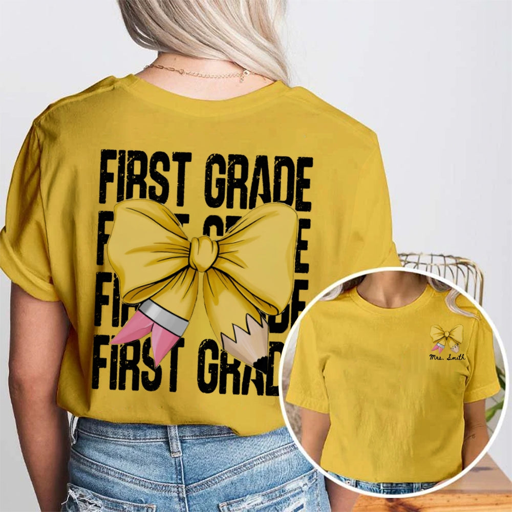 Personalized Grade First Grade Yellow Bow Teacher Double Printed T-shirt