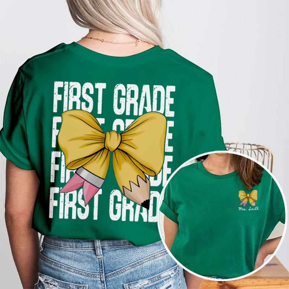 Personalized Grade First Grade Yellow Bow Teacher Double Printed T-shirt