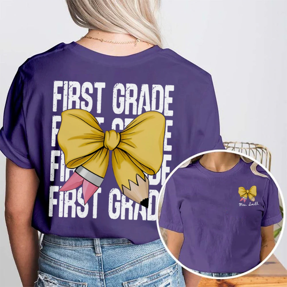 Personalized Grade First Grade Yellow Bow Teacher Double Printed T-shirt