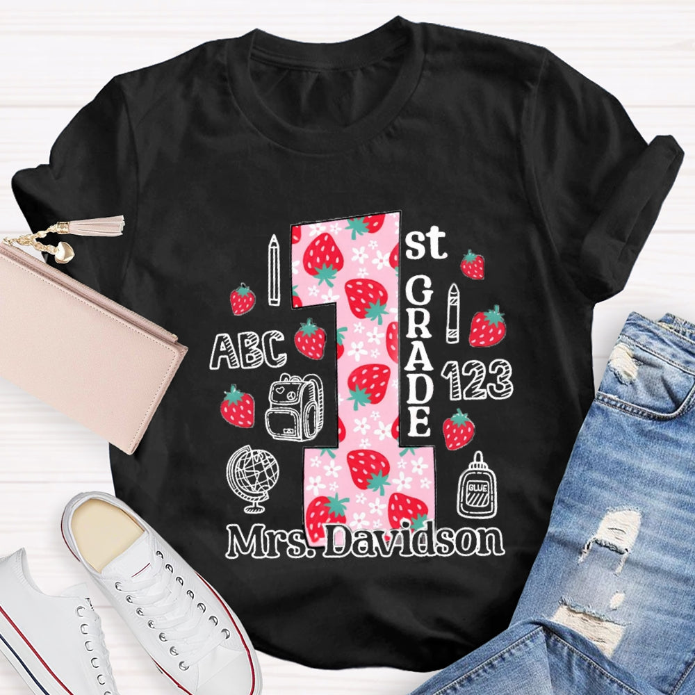 Personalized Name And Grade First Grade Strawberry Floret Globe T-shirt